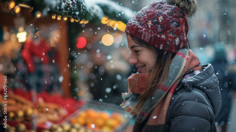 Stylish winter coat and scarf-wearing woman purchasing