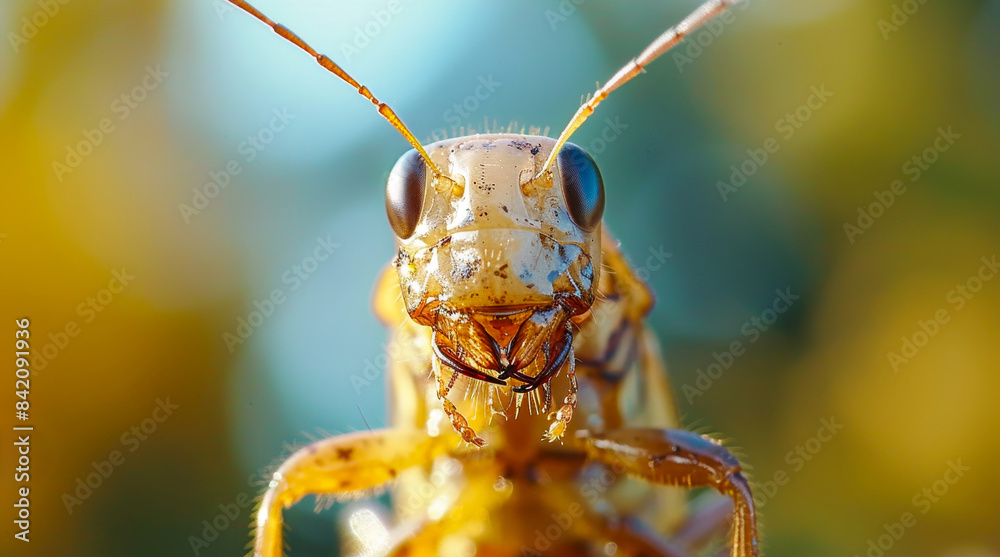 Fototapeta premium Grasshopper is looking at the camera. A termite attack