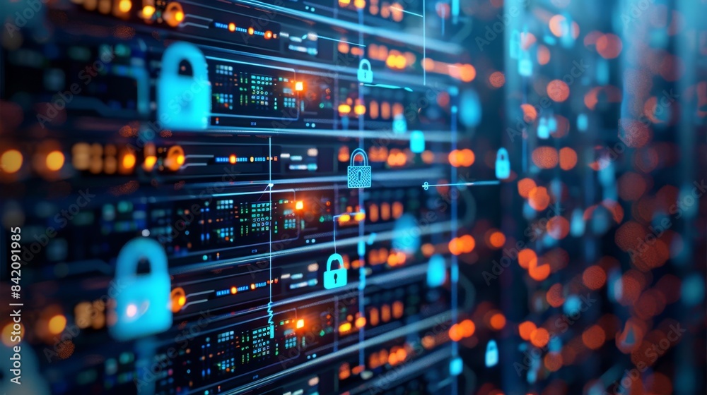 Cybersecurity and Data Protection Concept with Locked Server Racks, Generative AI Cybersecurity and Data Protection Concept with Locked Server Racks, Generative AI