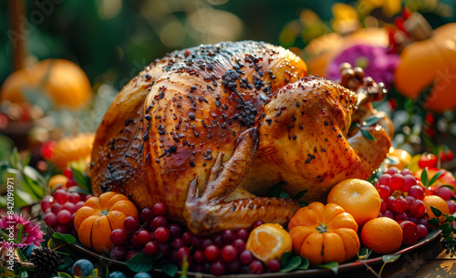 Roasted turkey garnished with sage rosemary and red berries in tray prepared for Christmas dinner.