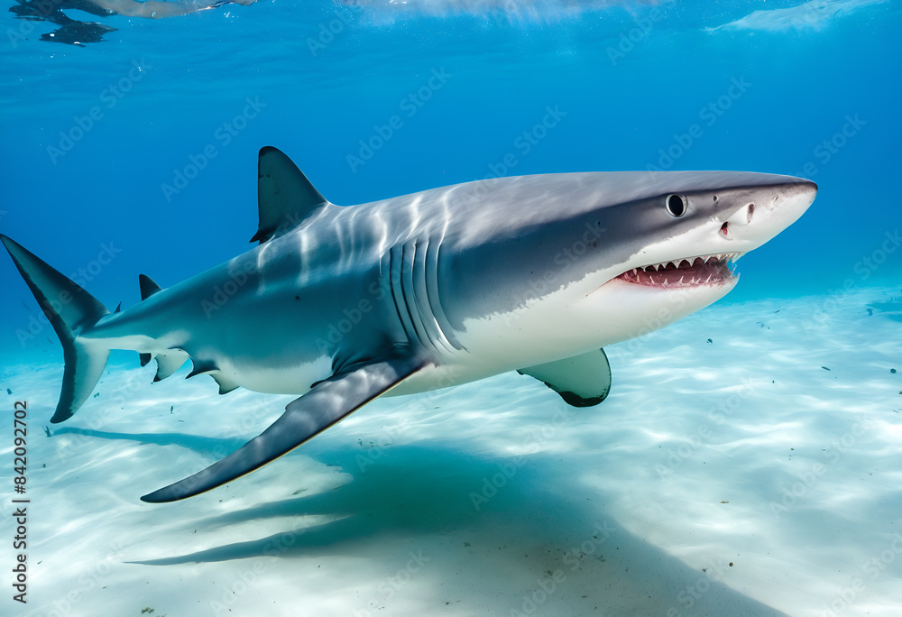 Naklejka premium Great white shark in deep blue water.