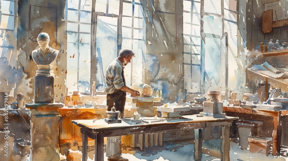Statue carver hard at work in his studio Statue carver hard at work in his studio