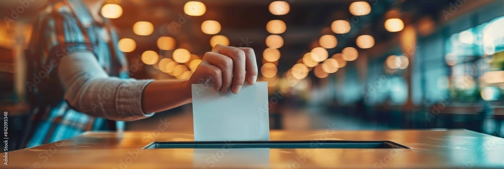 Obraz premium Democratic vote: Hand inserting ballot at polling booth