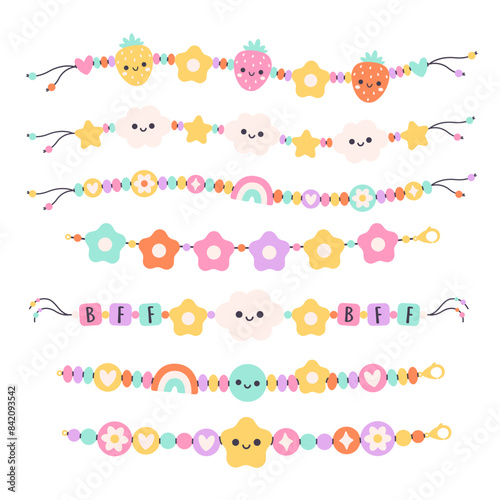 Kids jewelry set. Colorful handmade bracelets with plastic beads. Friendship bracelets. Vector illustration in flat style