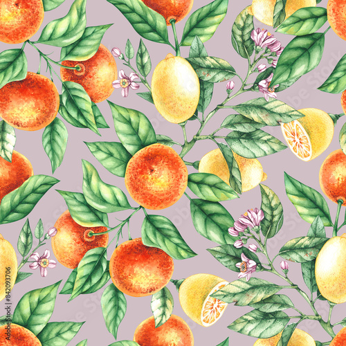 Watercolor lemon tangerine flower pattern. Lemon pattern. Mandarin pattern. Blooming pattern for textiles, fabrics, prints, clothing, wallpaper