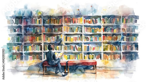 Wallpaper Mural A watercolor painting of a person reading a book in a library. Torontodigital.ca