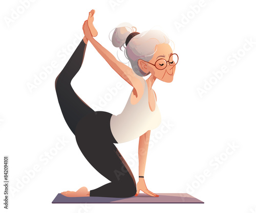 Senior woman going exercise, stretching, practicing Pilates. Active sports for flexibility and relaxation, maintaining health. Elderly person moves towards longevity, healthy lifestyle. Vector cartoon