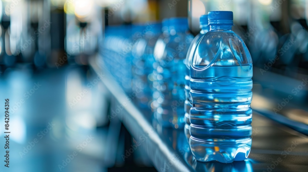 A close-up view of several plastic water bottles on a conveyor belt in a factory setting.
