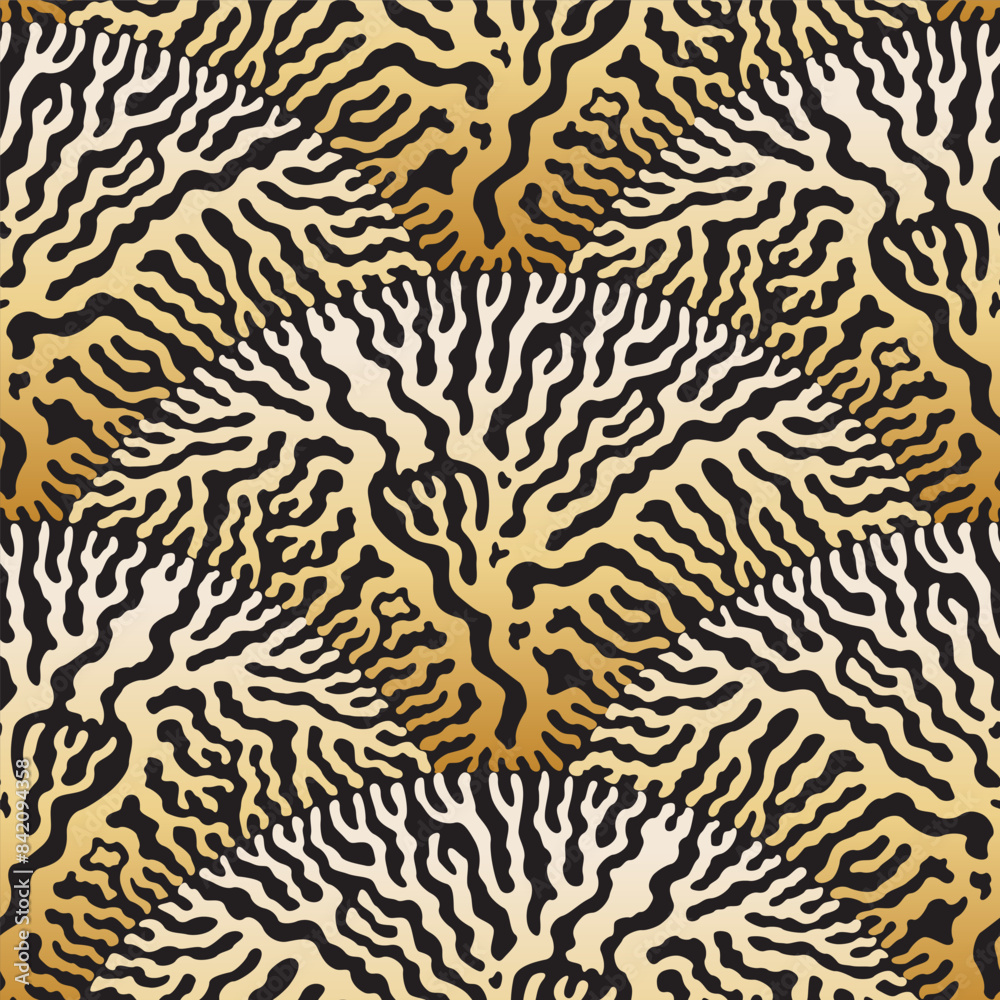 Vector wavy seamless pattern. Black and gold fan shaped floral and animal print from doodle stripes Vector wavy seamless pattern. Black and gold fan shaped floral and animal print from doodle stripes