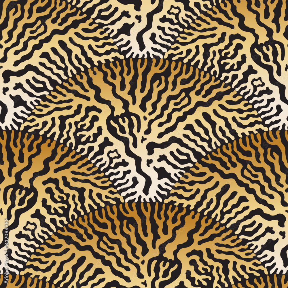 Vector wavy seamless pattern. Black and gold fan shaped floral and animal print from doodle stripes Vector wavy seamless pattern. Black and gold fan shaped floral and animal print from doodle stripes