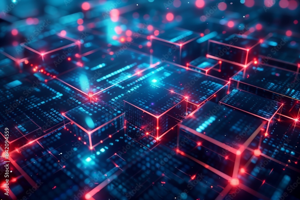 Neon-lit futuristic blocks in a digital matrix, representing advanced technology and data flow in a cybernetic environment Neon-lit futuristic blocks in a digital matrix, representing advanced technology and data flow in a cybernetic environment