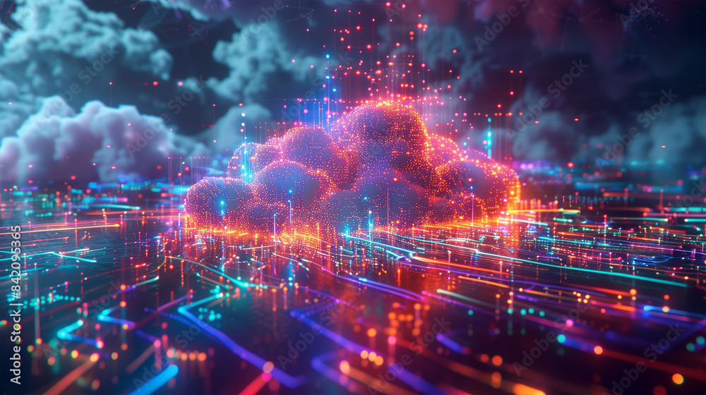 Vibrant Digital Cloud with Glowing Circuits and Data Streams. Vibrant Digital Cloud with Glowing Circuits and Data Streams.