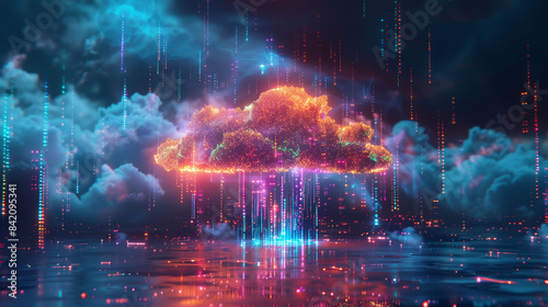 Vibrant Digital Cloud with Glowing Circuits and Data Streams. © SRITE KHATUN