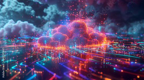 Vibrant Digital Cloud with Glowing Circuits and Data Streams.