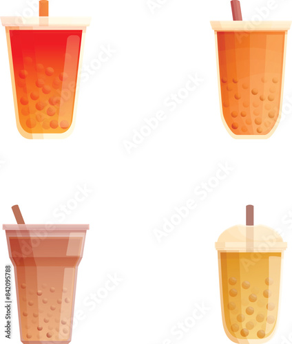 Set of four colorful bubble tea illustrations, showcasing different flavors and styles