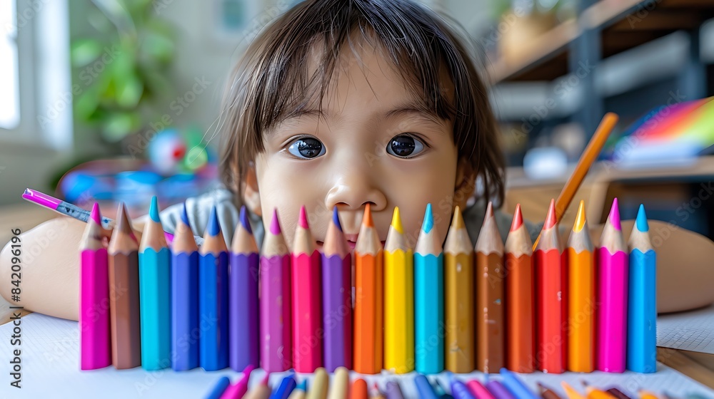 Japanese kid drawing colored pencils cut out on an isolated minimalistic background Japanese kid drawing colored pencils cut out on an isolated minimalistic background