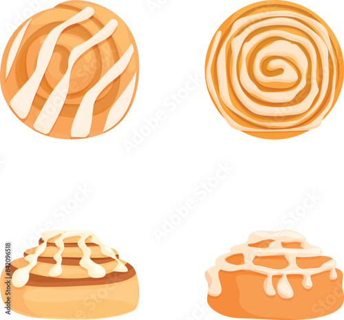 Set of four distinct cinnamon roll and sweet pastry illustrations, perfect for bakery themes