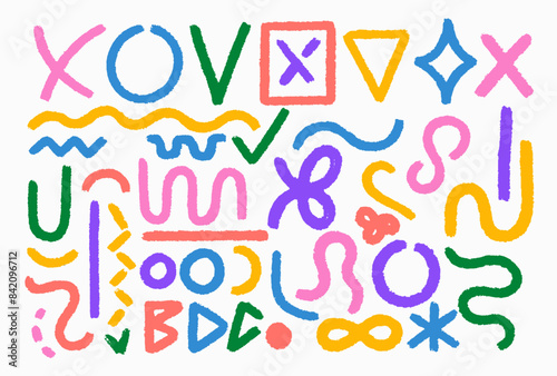 Set colorful various doodle grunge vector geometric loops, circles. Hand drawn brush drawn creative modern elements for collages, templates. Thick, bold wavy colored brush strokes, dots and loops.