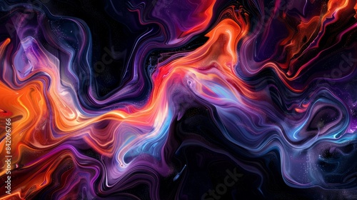 vibrant abstract image with swirling colors of orange, purple, and blue blending together against a dark background. The dynamic flow of colors creates a mesmerizing and artistic effect