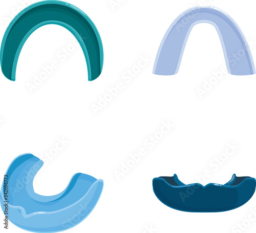 Collection of four sports mouthguards in different colors, rendered on a white background