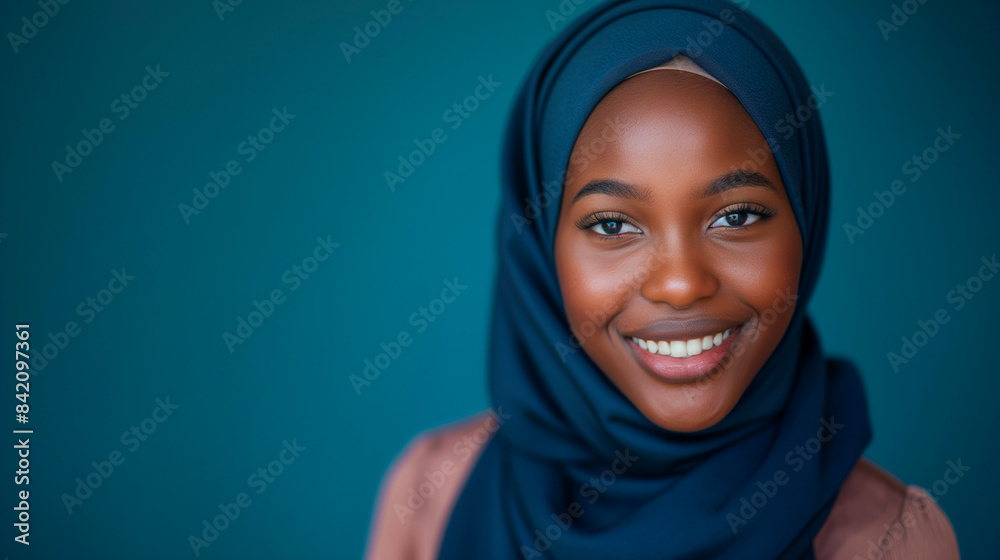 Young African Muslim woman in a dark blue hijab