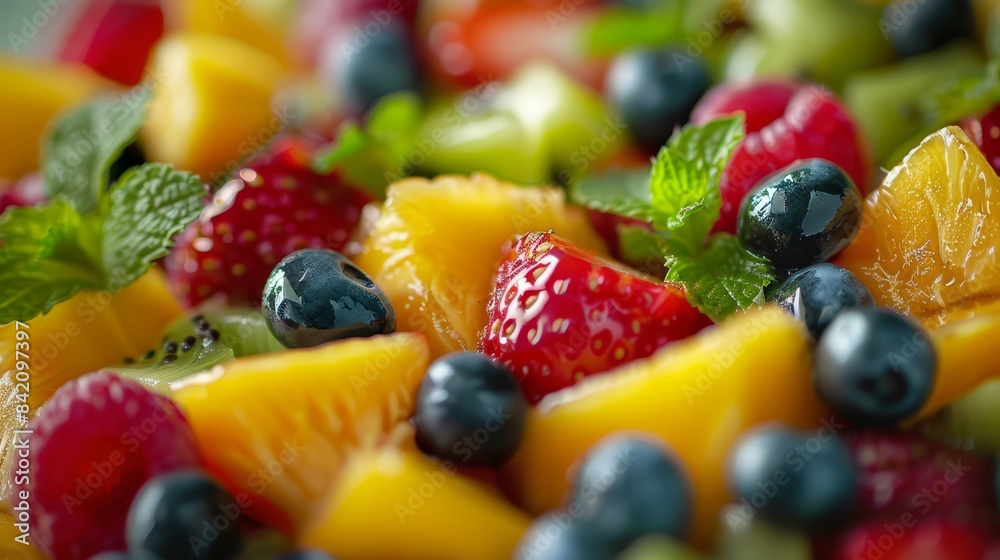 A vibrant close-up shot of an exotic fruit salad. A vibrant close-up shot of an exotic fruit salad.