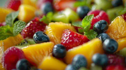 A vibrant close-up shot of an exotic fruit salad. 