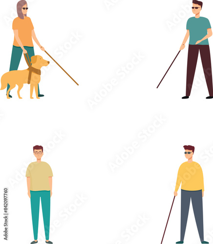 Collection of vector illustrations showing a blind person with a guide dog and cane in various poses