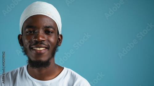 Young African Muslim man in traditional Islamic attire photo