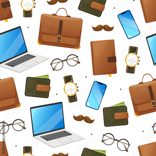Happy Father's Day vector seamless pattern includes laptop, leather wallet, bag, wristwatch and smartphone.
