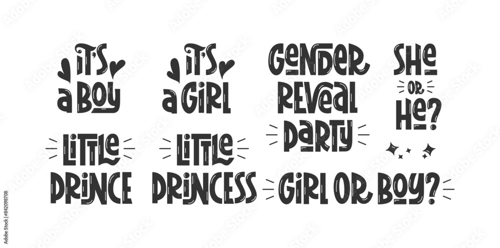 Obraz premium Gender Reveal Party Quotes Set. Vector Hand Lettering of Different Phrases. Girl or Boy, She or He, Little Prince, Little Princess.