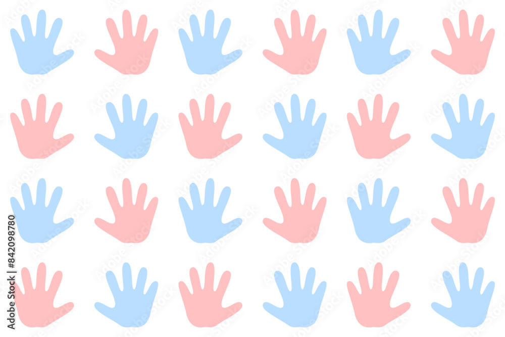 Fototapeta premium Seamless Pattern with Hand Palm Pink and Blue. Vector Baby Background for Gender Reveal Party.