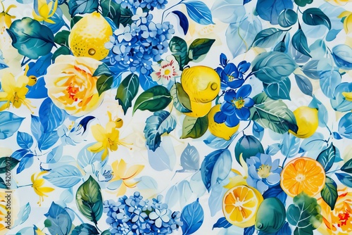 A vibrant seamless pattern, yellow lemons and blue flowers, inspired by the traditional tile designs of Santorini, Greece. The watercolor illustration  summery and classic Mediterranean feel.