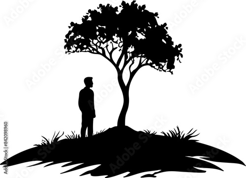 Silhouette of Man and Tree on Hill Representing Solitude and Reflection