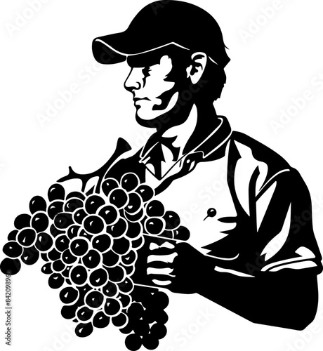 Silhouette of Farmer Holding Grapes: Agriculture and Industry