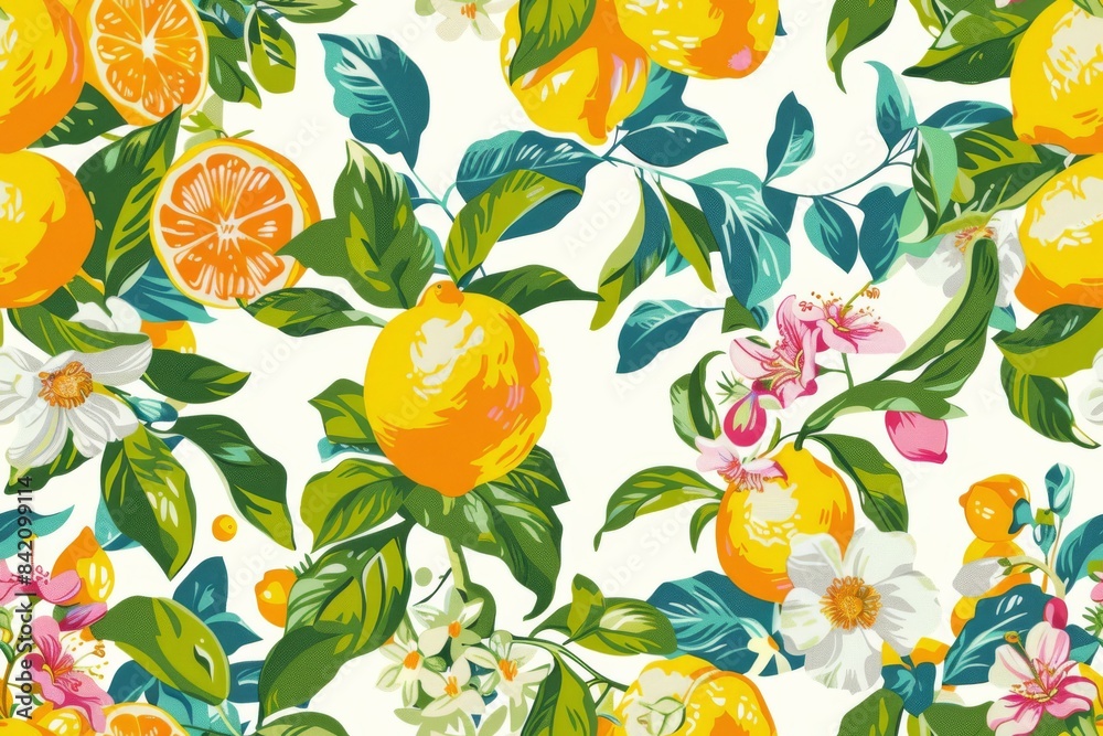 Fototapeta premium Vibrant hand-painted floral and fruit lemon seamless pattern with colorful blooms flowers and fruits, bright floral background. Botanical wallpaper, home decor items.
