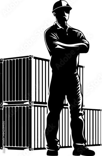 Silhouette of Worker in Front of Containers: Industrial Labor and Logistics
