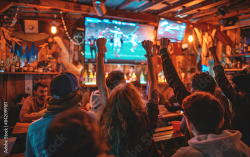 Fans in sports bar watch broadcast of sporting event. Celebrating their team's success © CozyDigital