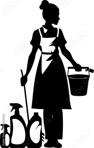 Silhouette of Housekeeper with Cleaning Supplies Representing Hard Work and Cleanliness