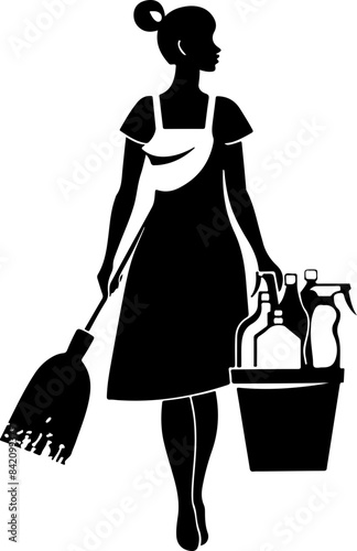Silhouette of a Cleaning Lady with Tools, Representing Hard Work and Service
