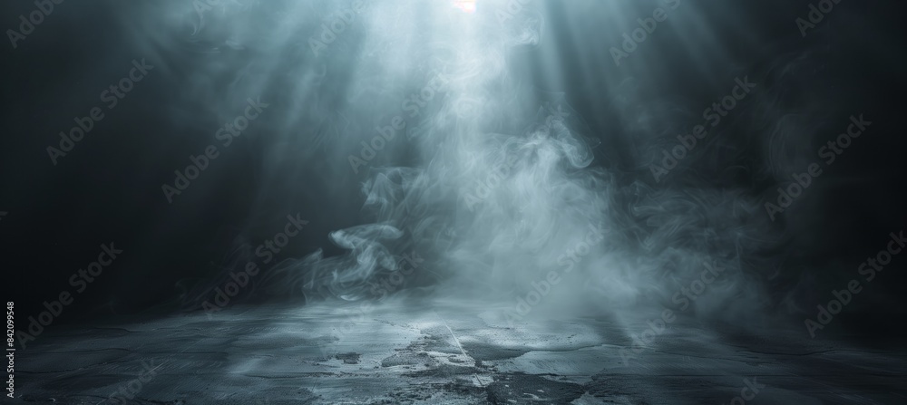 Abstract background of an empty dark room with smoke and light on the asphalt floor, empty scene for product presentation Abstract background of an empty dark room with smoke and light on the asphalt floor, empty scene for product presentation