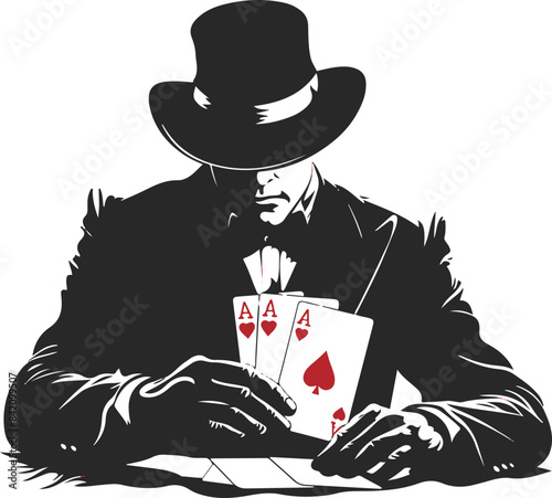Vector Silhouette of a Mysterious Poker Player Holding Four Aces