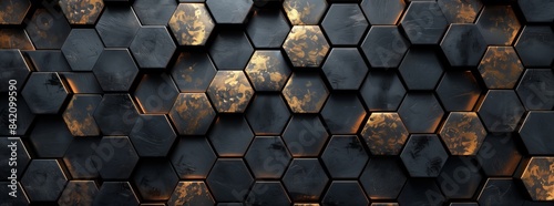 Abstract background with dark and golden hexagonal tiles. High resolution 3D rendering of abstract futuristic wall design