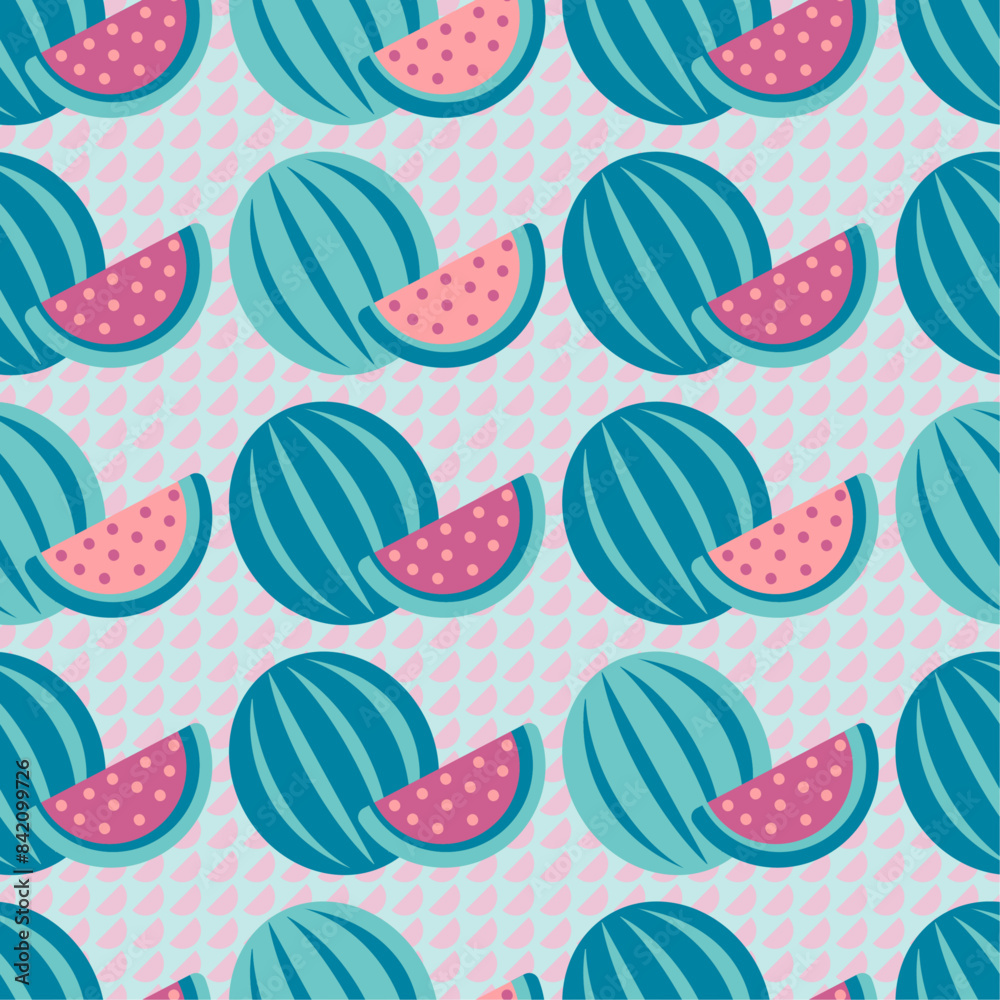 Summer tropical pattern with watermelon and its slices in blue and pink shades on a dotted background Summer tropical pattern with watermelon and its slices in blue and pink shades on a dotted background