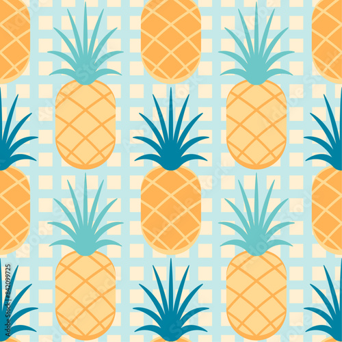 Tropical pattern with pineapples in yellow and blue shades on a checkered background