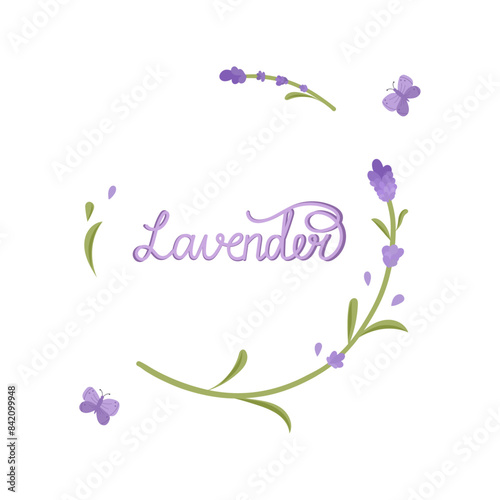 Postcard, lettering lavender. Floral background with flowers and butterfly. Provence design with lavender. Hand drawn vector illustration.