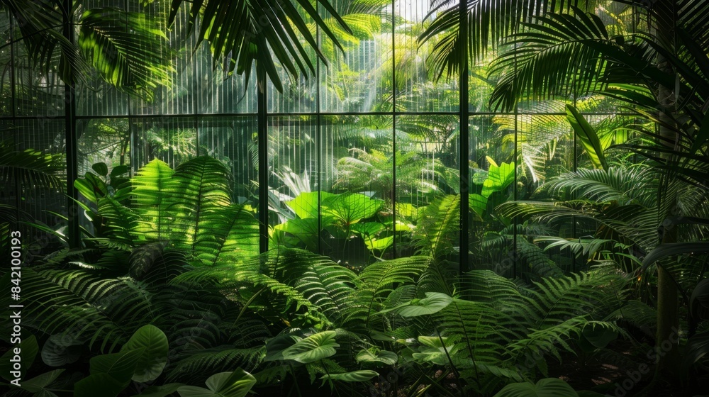 Naklejka premium Lush Greenhouse Oasis with Tropical Plants and Sunlight