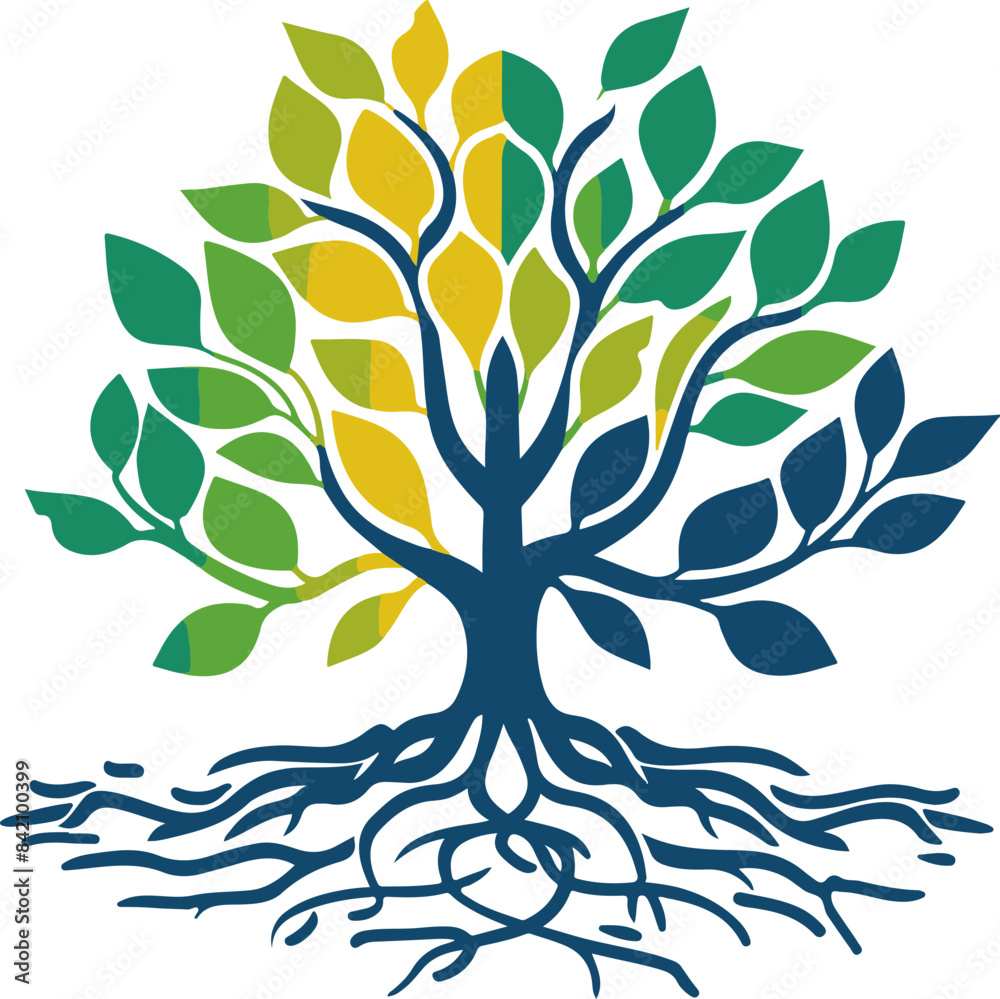 Illustrated Tree with Vibrant Leaves and Roots, Symbolizing Growth and Connection Illustrated Tree with Vibrant Leaves and Roots, Symbolizing Growth and Connection