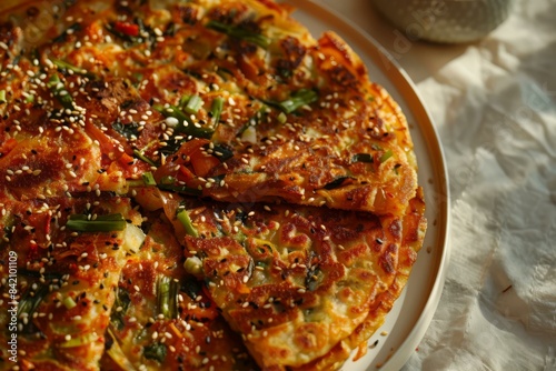 Close-Up of Delicious Korean Pancake with Vegetables, Food Photography photo