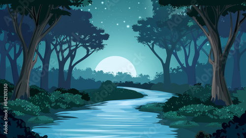 Enchanted Moonlit Forest Scene with Serene River